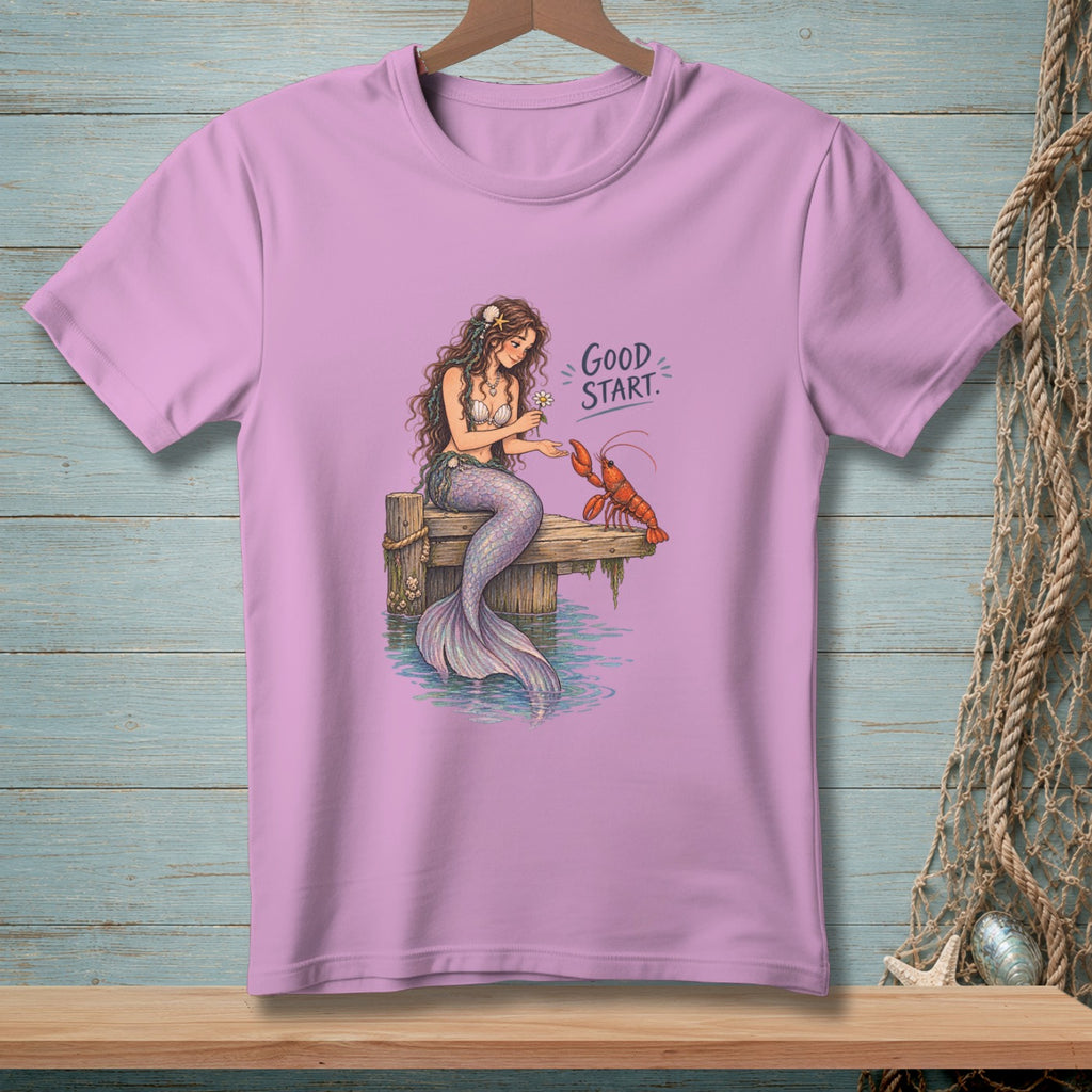 Mermaid offering flower to lobster on pier, with text "GOOD START."
