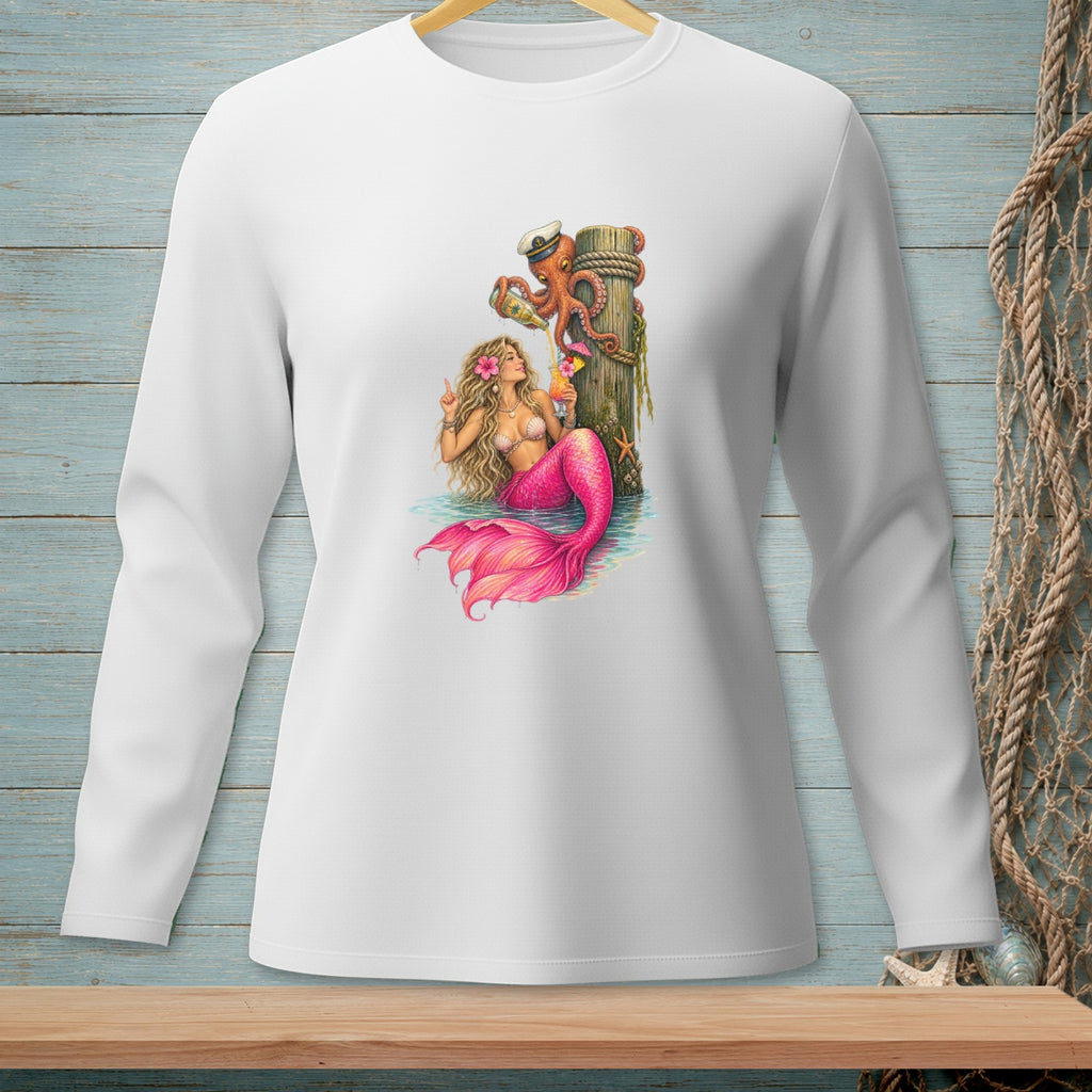 Mermaid with pink tail sits in water, an octopus pours a drink from a bottle.