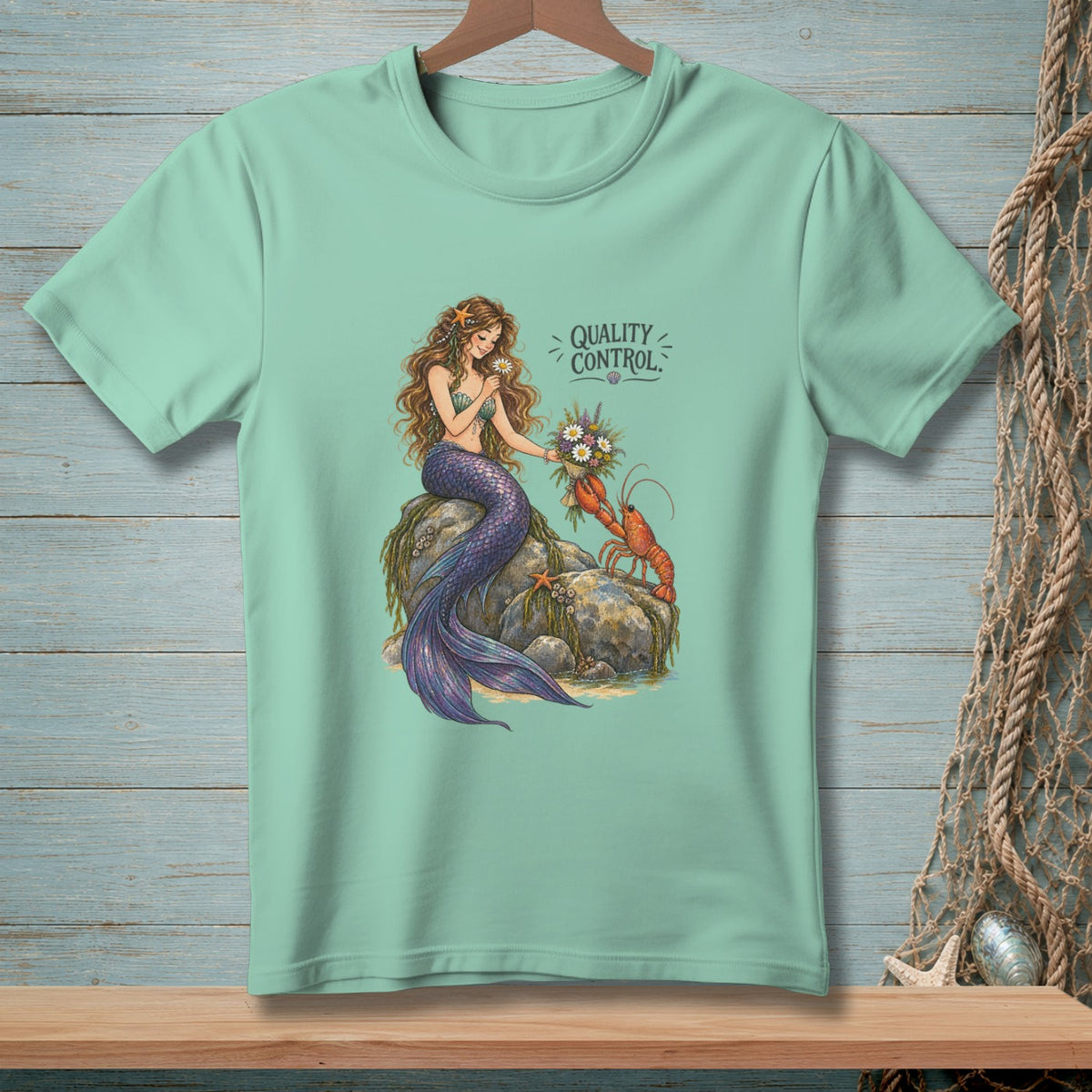 Mermaid holding flowers with a lobster and text "QUALITY CONTROL."