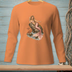Orange long-sleeve shirt with a mermaid illustration holding a drink and a crab.
