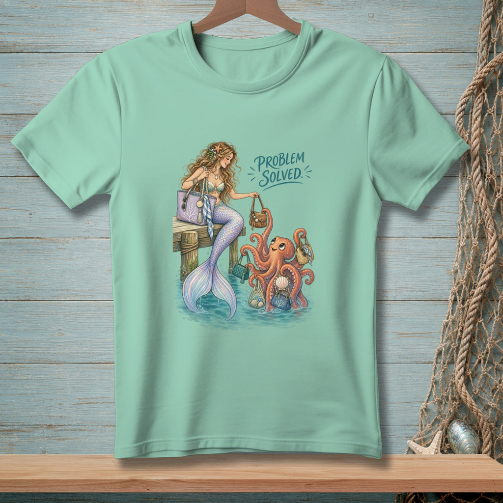 Mermaid and octopus holding shopping bags with text "Problem Solved".