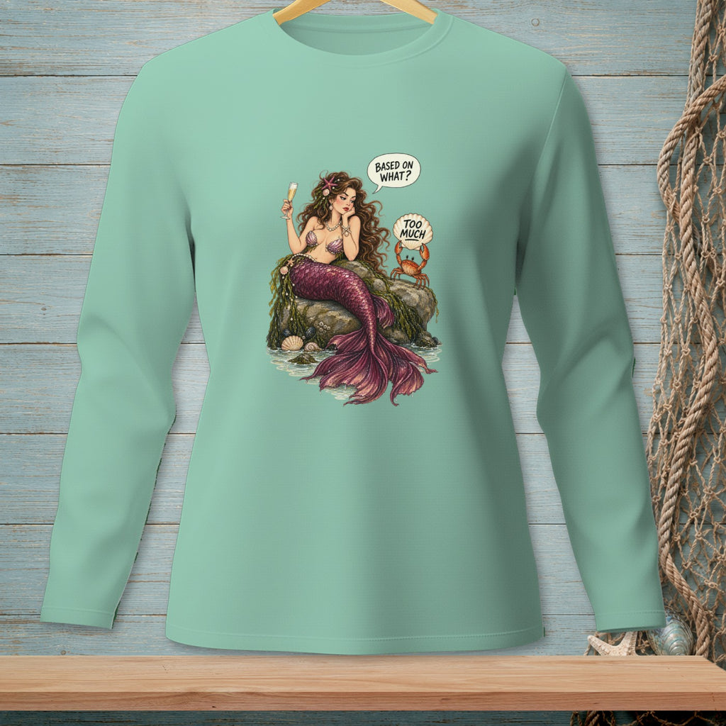 Mermaid holding champagne, with crab saying "Too Much," on mint shirt.