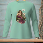 Mermaid holding champagne, with crab saying "Too Much," on mint shirt.