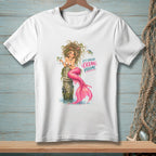 White t-shirt with a mermaid sitting on a wooden post, text reads "It's called Ocean Volume."