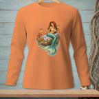 Mermaid holding a drink on a rock with a crab and starfish.