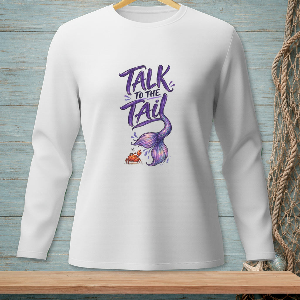White long-sleeve shirt with purple text and mermaid tail graphic.