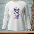 White long-sleeve shirt with purple text and mermaid tail graphic.