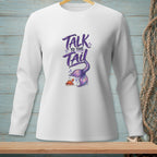 White long-sleeve shirt with purple text and mermaid tail graphic.