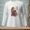 White long-sleeve shirt with mermaid graphic and text "Crabby Looks Good on You."