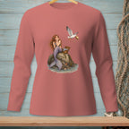 Mermaid sitting on a rock with a seagull flying overhead holding food.