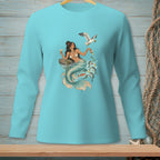 Turquoise long-sleeve shirt featuring a mermaid, fish, and seagull with food.