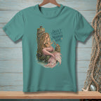 Mermaid sitting on dock with crab, text "Don't touch the mermaid hair".