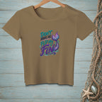 Brown t-shirt with "Don't make me flip my fin" and mermaid tail graphic.