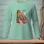 Mint green long-sleeve shirt with mermaid and seagull art, reads "You're a little late."