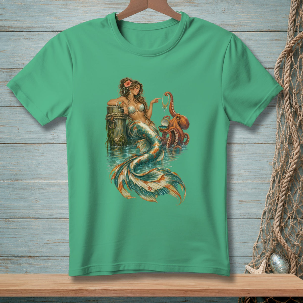 Teal t-shirt with a mermaid and octopus holding jewelry.