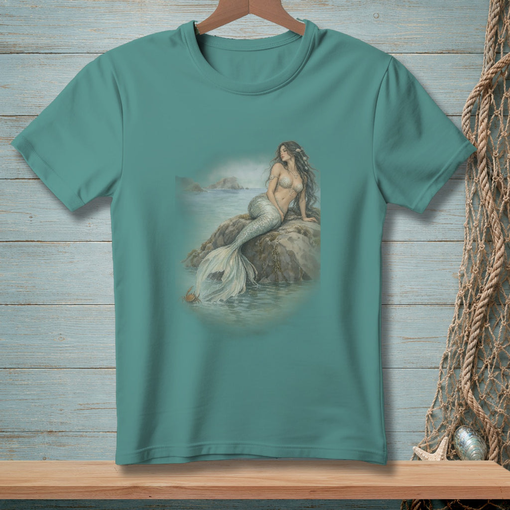 Teal t-shirt with mermaid sitting on a rock in the ocean.
