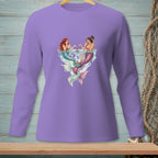 Two mermaids in water with cakes, printed on a purple long-sleeve shirt.