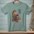 Mermaid with crab and text "Crabby Looks Good On You" on a t-shirt.