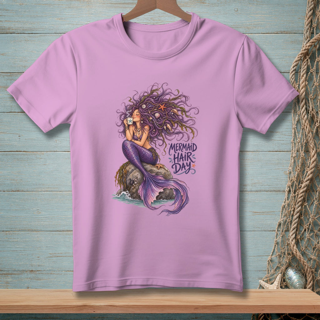 Purple t-shirt with a mermaid illustration holding a cup and text "Mermaid Hair Day".
