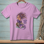 Purple t-shirt with a mermaid illustration holding a cup and text "Mermaid Hair Day".