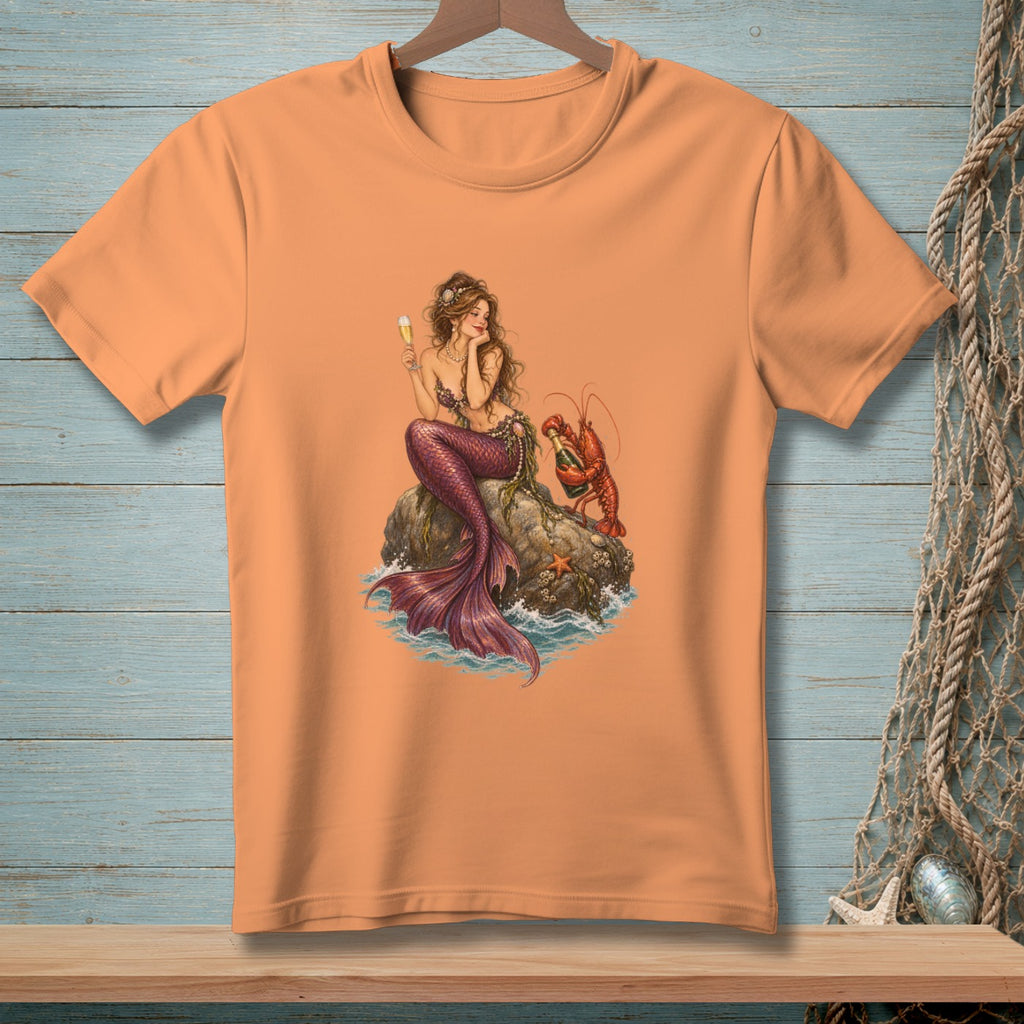 Mermaid sitting on a rock with a lobster and a drink.