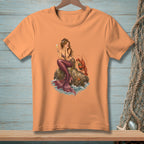 Mermaid sitting on a rock with a lobster and a drink.