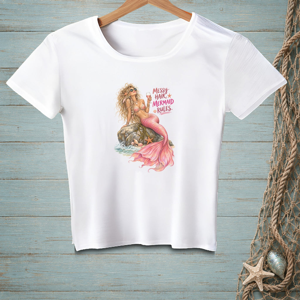 White t-shirt with mermaid graphic and text "Messy Hair Mermaid Rules."
