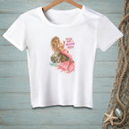 White t-shirt with mermaid graphic and text "Messy Hair Mermaid Rules."