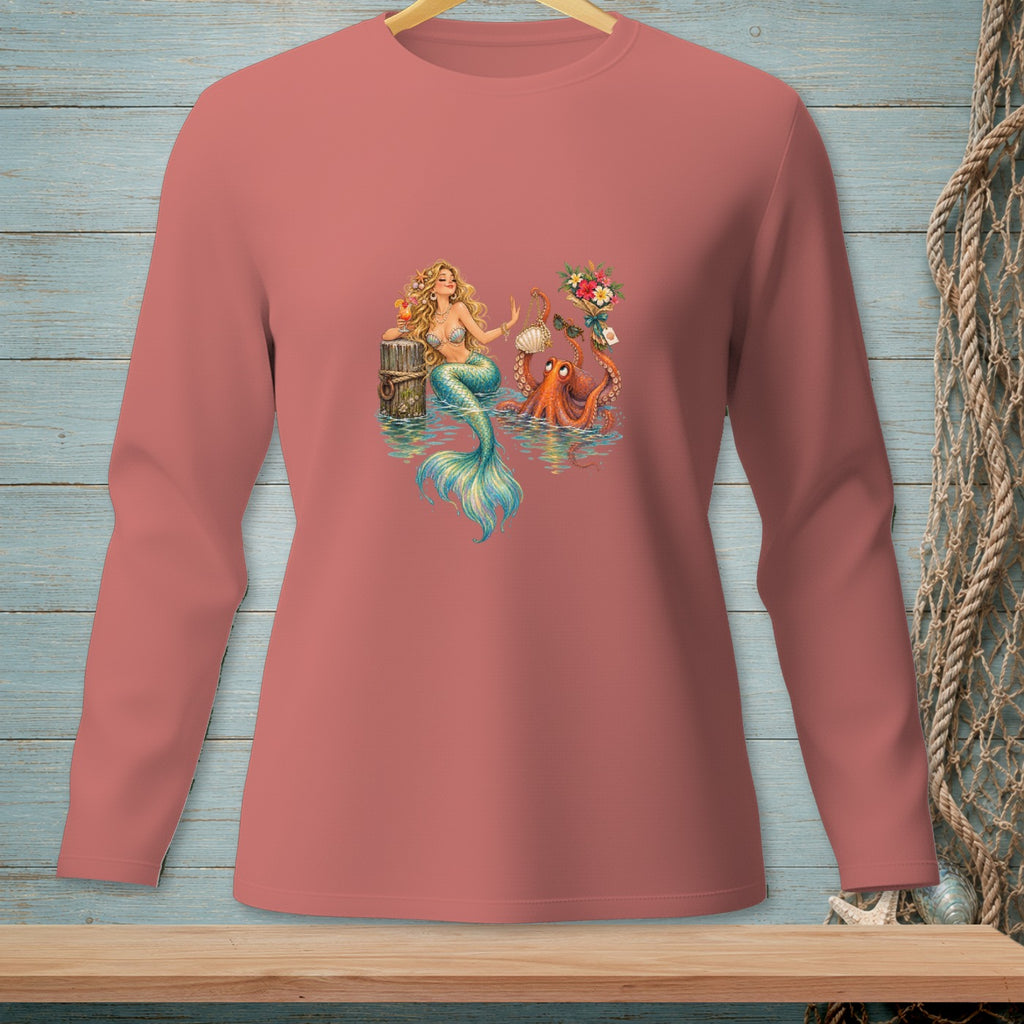 Mermaid with octopus and bouquet on a coral long-sleeve shirt.