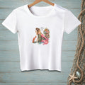 White t-shirt with graphic of a mermaid, lobster, flowers, and text "We're Not There Yet".
