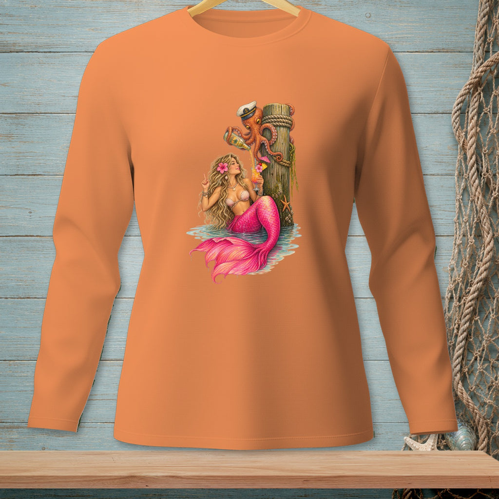 Orange long-sleeve shirt with a graphic of a mermaid and octopus drinking cocktails.