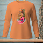 Orange long-sleeve shirt with a graphic of a mermaid and octopus drinking cocktails.