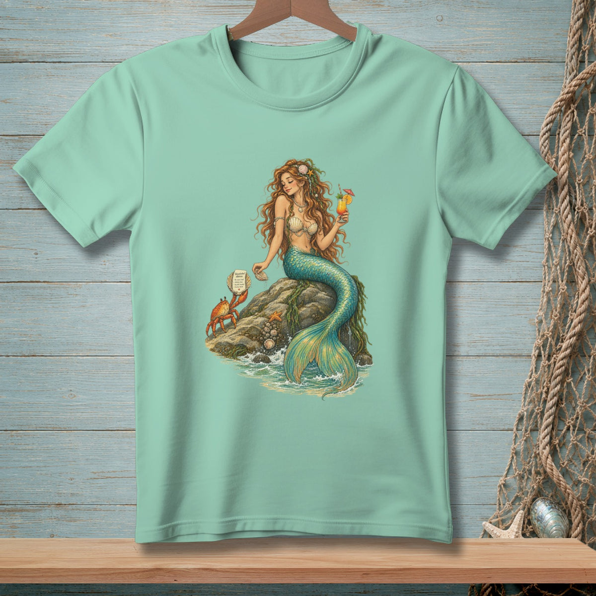 Mint t-shirt with a detailed illustration of a mermaid holding a drink and a crab on a rock.