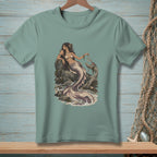 Mermaid lounging on rocks with a crab and seashells.