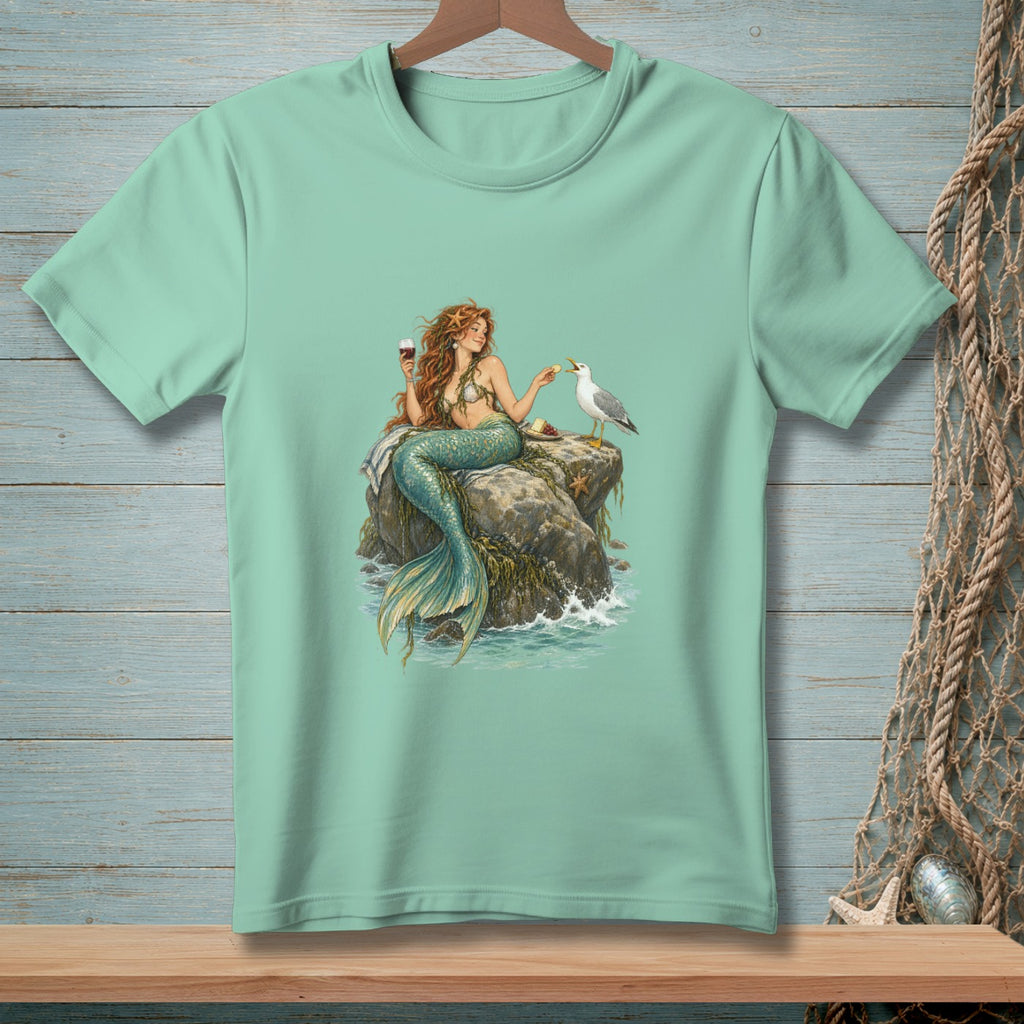 Mermaid sitting on a rock with wine and a seagull.
