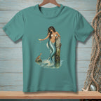 Mermaid with sunglasses and cocktail leans on post with crab and seashell.