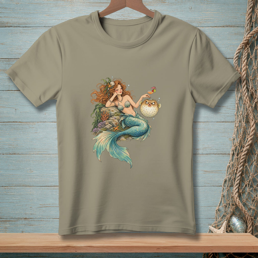 Illustration of a mermaid with a cocktail next to a grumpy pufferfish.