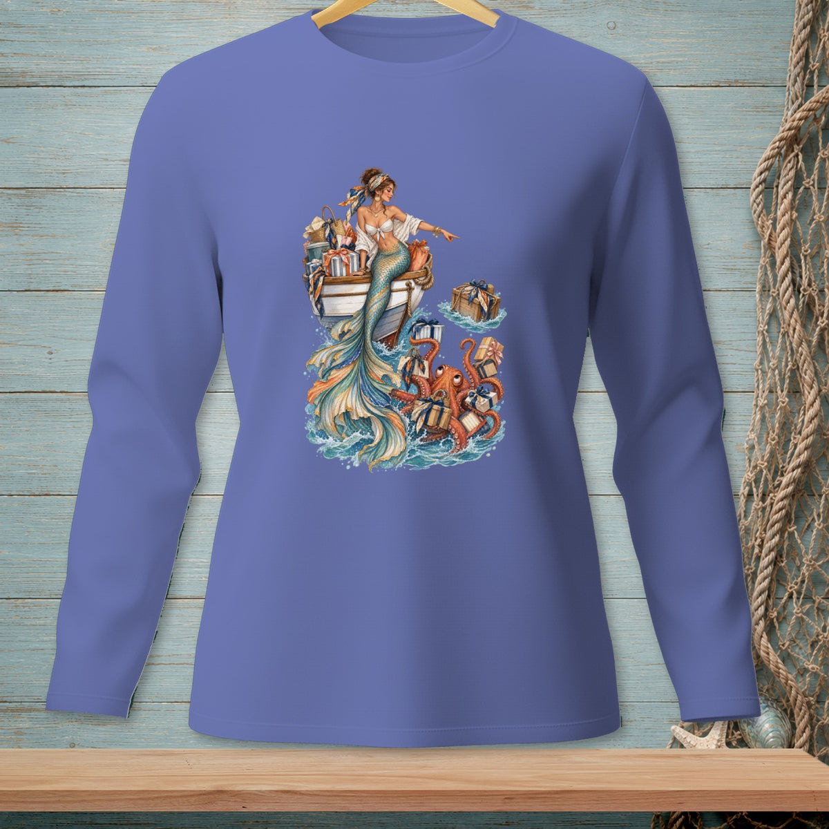 Mermaid in a boat with gifts, surrounded by an octopus and ocean waves.