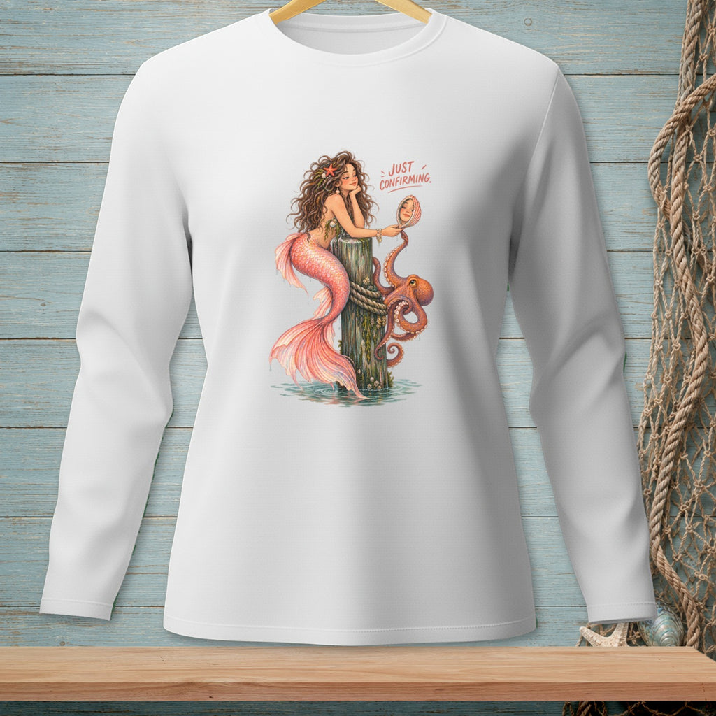 Mermaid with octopus holds mirror with text "JUST CONFIRMING".