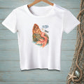 White t-shirt with a cartoon mermaid and seagull graphic that says "THAT WAS A LOT OF WORDS."
