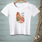 White t-shirt with a cartoon mermaid and seagull graphic that says "THAT WAS A LOT OF WORDS."