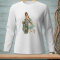 White long-sleeve shirt with a graphic of a mermaid sitting on a dock with fish.