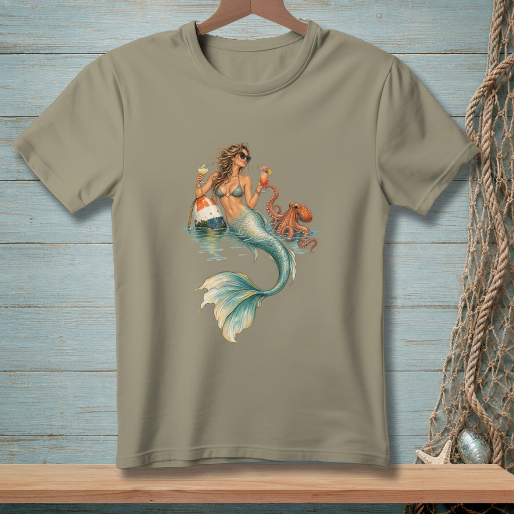 T-shirt with a graphic of a mermaid holding cocktails next to an octopus.