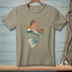 T-shirt with a graphic of a mermaid holding cocktails next to an octopus.