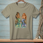 Two mermaids sitting on a dock, one offering berries to the other.