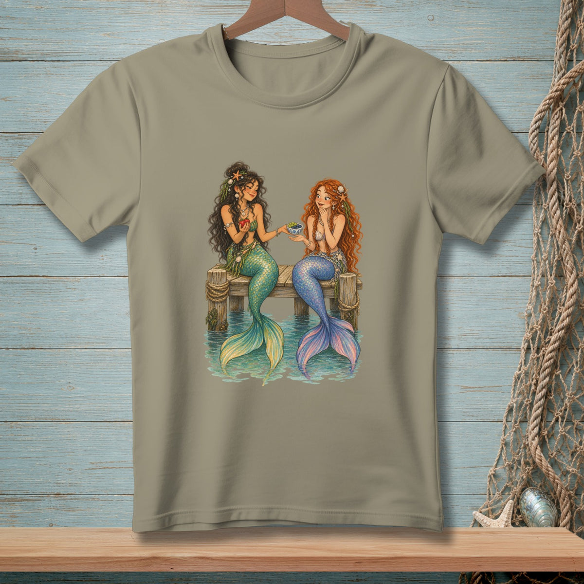 Two mermaids sitting on a dock, one offering berries to the other.