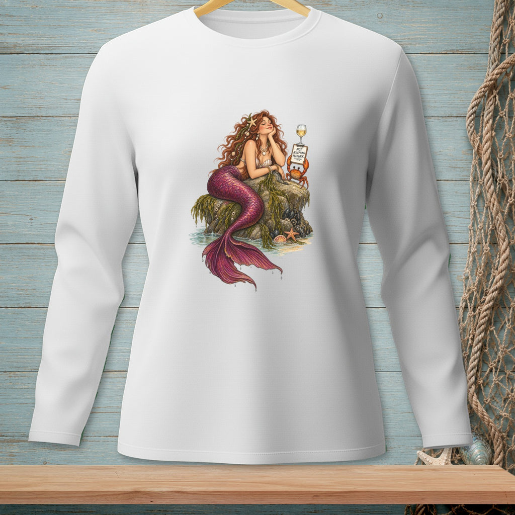Illustration of a mermaid with a pink tail sitting on a rock with a crab holding a sign.
