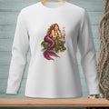 Illustration of a mermaid with a pink tail sitting on a rock with a crab holding a sign.