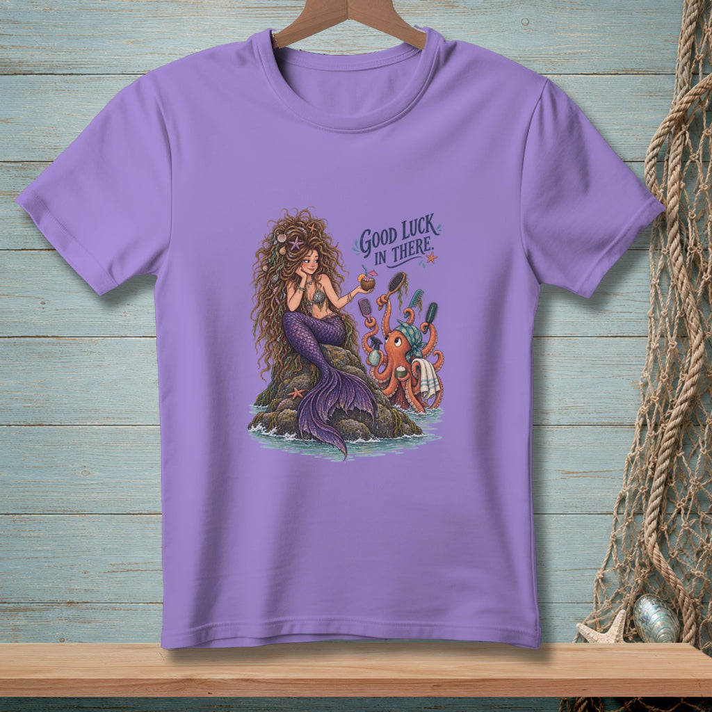 Mermaid and octopus with styling tools, "Good Luck In There" text.