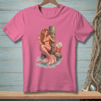 Pink t-shirt with a mermaid holding a drink and a crab with sign "Let Me Stop You There".